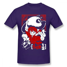 T-shirt anime ranma violet à manches courtes avec un graphisme vibrant des personnages de ranma ½ rouge blanc et noir