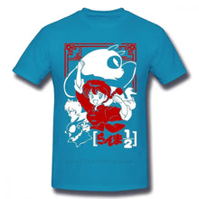 T-shirt anime ranma bleu en coton avec un graphisme animé vibrant du personnage ranma 1/2 encadré style japonais traditionnel