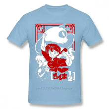 T-shirt anime ranma en coton bleu clair avec un graphisme rouge et blanc de ranma 1/2 et éléments japonais traditionnels