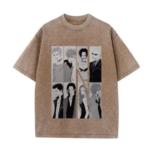 T-shirt manga rock vintage en coton beige oversize avec un imprimé graphique noir et blanc de huit personnages manga