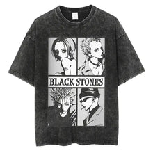 T-shirt manga rock vintage en coton avec tissu noir délavé et illustrations blanches d anime en quatre panneaux