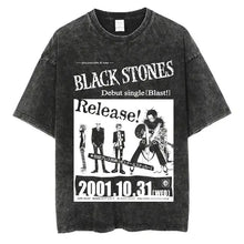 T-shirt manga rock vintage en coton noir distressed avec impression graphique blanche du poster du single debut de black stones 2001