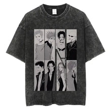 T-shirt noir en coton distressed avec imprimé manga rock vintage noir et blanc en deux rangées