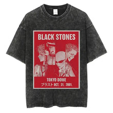 T-shirt manga rock vintage en coton noir stone avec impression rouge graphique manga rock vintage