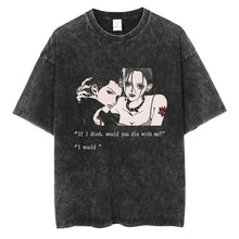 T-shirt manga rock vintage noir en coton avec motif distress et personnages anime et texte expressif