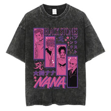 T-shirt manga rock vintage en coton noir stone-wash avec motif anime rose et violet vibrant et lettrage nana