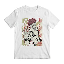 T-shirt ryomen sukuna en coton blanc avec personnage danime cheveux rouges et art style encre noir pour streetwear manga