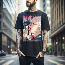 T-shirt seiko ayase dandadan noir en coton avec imprimé animé femme cheveux blancs lunettes rouges texte japonais et chat