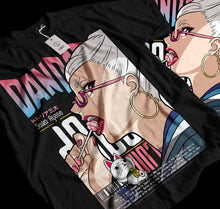 T-shirt seiko ayase dandadan en coton noir avec illustration vibrante femme blanche cheveux lunettes rose et boucle oreille dorée