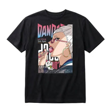 T-shirt seiko ayase dandadan en coton noir avec un graphisme anime coloré de seiko ayase aux lunettes roses et chat