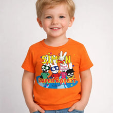 T-shirt simon super rabbit enfant orange avec graphisme coloré de lapins super héros pleines d’énergie