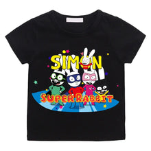 T-shirt simon super rabbit enfant noir à manches courtes avec graphisme coloré de cinq lapins super héros pleines d’énergie