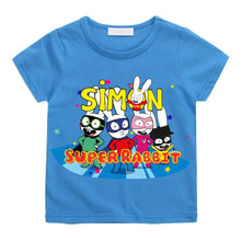 T-shirt simon super rabbit enfant bleu manches courtes avec illustration colorée de cinq lapins superhéros pleines d’énergie