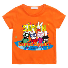 T-shirt simon super rabbit enfant orange avec graphisme coloré de cinq lapins super-héros pleins d énergie