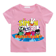 T-shirt simon super rabbit enfant rose avec graphique coloré de cinq lapins super héros pleines dénergie