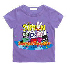 T-shirt simon super rabbit enfant violet manches courtes avec graphique coloré et cinq lapins superhéros pleines d’énergie