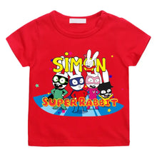 T-shirt simon super rabbit enfant rouge avec motif coloré de cinq lapins superhéros pleines d’énergie