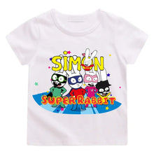 T-shirt simon super rabbit enfant blanc manches courtes avec graphisme coloré de cinq lapins superhéros pleines d’énergie