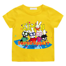 T-shirt simon super rabbit enfant jaune vif avec graphisme coloré de cinq lapins super héros pleines d’énergie