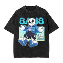 T-shirt noir délavé en coton avec design cartoon bleu blanc sans texte undertale noir trois motifs unisexes