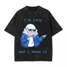 T-shirt noir délavé en coton avec trois motifs undertale noir et personnage cartoon bleu lunettes et texte i’m lazy