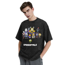 T-shirt undertale noir délavé noir oversized avec un print pixel-art coloré de trois motifs unisexes