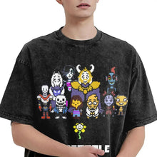 T-shirt en coton noir délavé avec imprimé pixel art coloré undertale noir trois motifs unisexes