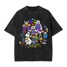 T-shirt en coton noir délavé avec un graphisme coloré undertale noir et trois motifs unisexes