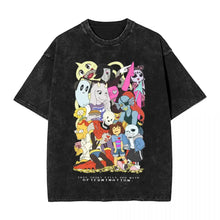 T-shirt en coton noir délavé avec un imprimé coloré de divers personnages undertale trois motifs unisexes