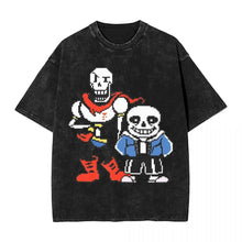 T-shirt noir délavé en coton avec graphique pixel art de deux squelettes undertale noir et trois motifs unisexes