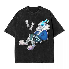 T-shirt noir délavé en coton avec motif undertale noir cartoon squelette en costume bleu et chaussures violettes