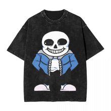 T-shirt noir délavé en coton distressed avec personnage cartoon squelette en veste bleue et chaussures blanches undertale noir trois motifs unisexes