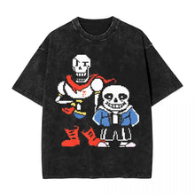 T-shirt noir délavé en coton avec graphisme pixel art de deux squelettes undertale noir trois motifs unisexes