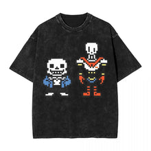 T-shirt en coton noir délavé avec pixel art de deux squelettes du jeu undertale trois motifs unisexes