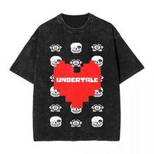 T-shirt noir délavé en coton avec trois motifs undertale noir unisexes et cœur pixel rouge éclatant