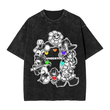 T-shirt noir délavé en coton avec un graphique coloré undertale noir en cercle trois motifs unisexes