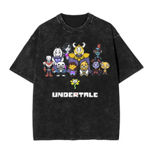 T-shirt noir délavé en coton avec print pixélisé des personnages undertale et texte undertale trois motifs unisexes