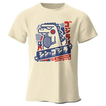T-shirt unisexe harajuku kawaii animal en coton crème avec graphisme godzilla rétro bleu rouge et texte japonais