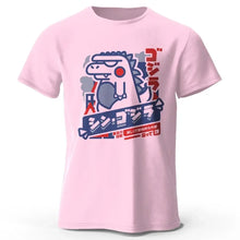 T-shirt unisexe harajuku kawaii animal rose clair avec motif godzilla stylisé bleu et rouge et texte japonais
