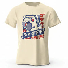 T-shirt unisexe harajuku kawaii animal crème à manches courtes avec motif godzilla stylisé bleu rouge blanc et texte japonais