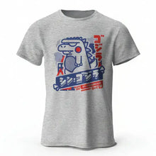 T-shirt unisexe harajuku kawaii animal gris chiné à manches courtes avec motif stylisé godzilla bleu et rouge et texte japonais