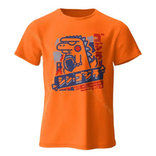 T-shirt unisexe harajuku kawaii animal orange vif avec motif godzilla bleu et rouge stylisé et texte japonais