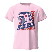 T-shirt unisexe harajuku kawaii animal rose avec graphique rétro stylisé de godzilla bleu et rouge et texte japonais