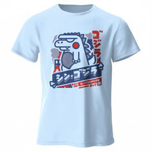 T-shirt unisexe harajuku kawaii animal bleu clair manches courtes avec un graphisme stylisé de godzilla rouge et marine