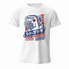 T-shirt unisexe harajuku kawaii animal blanc à manches courtes avec motif godzilla bleu et rouge style poster rétro