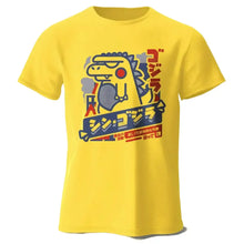 T-shirt unisexe harajuku kawaii animal jaune vif avec motif godzilla stylisé yeux rouges et texte japonais rouge et bleu