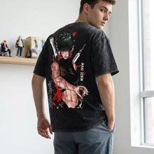 T-shirt coton noir distressed avec graphique détaillé de zenin maki de jujutsu kaisen en rouge et texte blanc