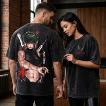 T-shirt noir en coton distressed avec un graphisme anime zenin maki musclé imprimé au dos et brodé devant jujutsu kaisen