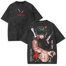 T-shirt noir oversize avec illustration anime zenin maki en rouge et texte blanc sur les deux côtés
