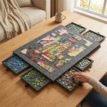 Table de rangement pour puzzles en feutre gris avec six tiroirs extractibles support inclinable et protection intégrée facile à transporter